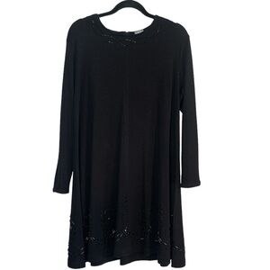 Vintage Petite Black Beaded Scoop Round Neck Long Sleeve Embellished Knit Dress